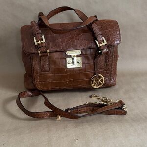 Michael Kors Astrid Brown Crocodile Embossed Leather Satchel Crossbody Handbag